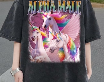 May include: Dark grey t-shirt with a graphic of three unicorns with rainbow manes and horns, and pink wings. The text "ALPHA MALE" is above the unicorns in a rainbow gradient. The shirt has a vintage, washed appearance.