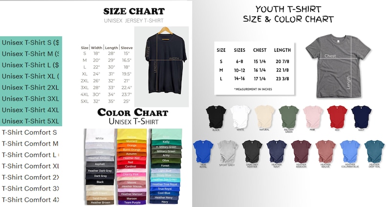May include: A size and color chart for unisex and youth t-shirts. The chart includes measurements in inches for various sizes, along with a color palette featuring black, white, and various other colors.
