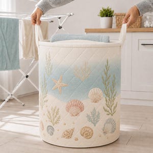 Beach Scene Laundry Hamper, Ocean Waves Starfish Seashells, Quilted Fabric Laundry Basket, Coastal Decor