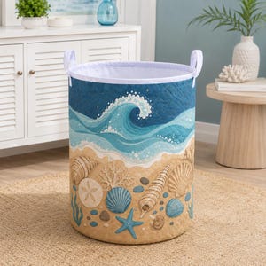 Coastal Laundry Basket, Ocean Waves Hamper, Seashell Starfish Storage Bin, Beach House Decor