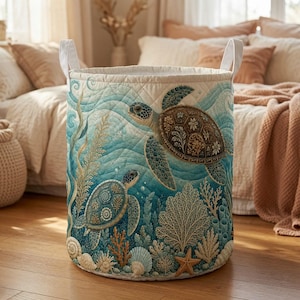 May include: A cylindrical quilted fabric laundry basket featuring a printed underwater scene with two sea turtles, coral reefs, seashells, and a starfish in shades of blue, teal, and beige, equipped with two white fabric handles.