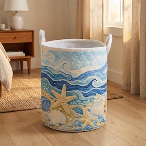 Ocean Waves Storage Basket, Coastal Beach Hamper, Seashell Starfish Quilted Bin, Nautical Decor Basket