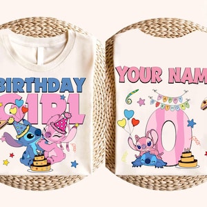 May include: White t-shirt with a colorful birthday design. The front features the text "BIRTHDAY GIRL" and cartoon characters. The back has the text "YOUR NAME" above a large number with cartoon characters and birthday decorations. A fun, festive design.
