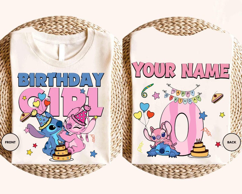 May include: White t-shirt with a colorful birthday design. The front features the text "BIRTHDAY GIRL" and cartoon characters. The back has the text "YOUR NAME" above a large number with cartoon characters and birthday decorations. A fun, festive design.