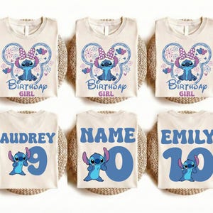 May include: Six beige t-shirts with Stitch graphics. Three shirts say "Birthday Girl" with a Stitch design. The other three shirts have names and numbers: Audrey 9, Name 0, and Emily 10. The shirts are on woven mats.