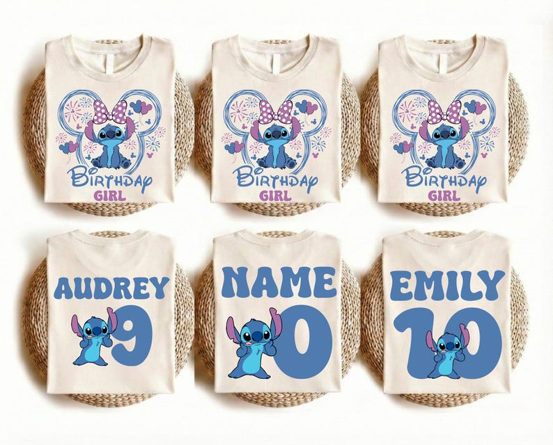 May include: Six beige t-shirts with Stitch graphics. Three shirts say "Birthday Girl" with a Stitch design. The other three shirts have names and numbers: Audrey 9, Name 0, and Emily 10. The shirts are on woven mats.