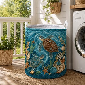 Coastal Sea Turtle Quilted Laundry Hamper, Ocean Marine Life Nursery Basket