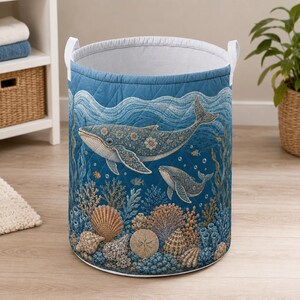 Ocean Whale Storage Basket, Marine Life Toy Bin, Coastal Nursery Hamper, Seashell Decor Organizer