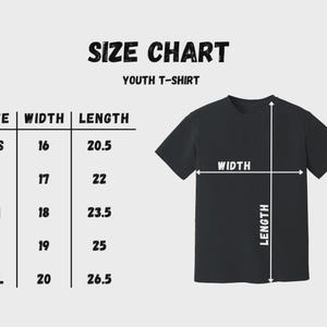 May include: Black youth t-shirt with a size chart. The chart shows measurements for XS, S, M, L, and XL sizes, with width and length in inches. The text "SIZE CHART" and "YOUTH T-SHIRT" are displayed at the top.