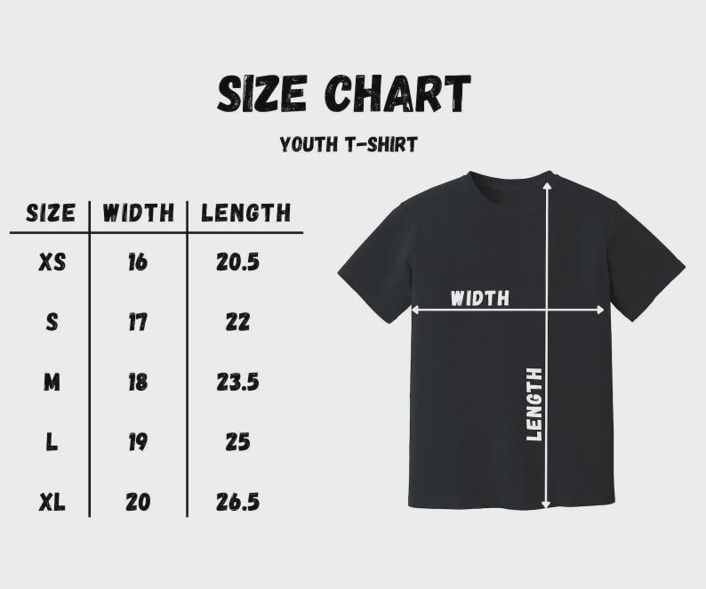 May include: Black youth t-shirt with a size chart. The chart shows measurements for XS, S, M, L, and XL sizes, with width and length in inches. The text "SIZE CHART" and "YOUTH T-SHIRT" are displayed at the top.