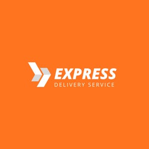 Könnte beinhalten: Ein leuchtend orangefarbenes Grafikdesign mit einem weißen, stilisierten Pfeilsymbol, das aus zwei abgewinkelten Segmenten auf der linken Seite besteht, und dem weißen Text EXPRESS DELIVERY SERVICE in einer fetten, serifenlosen Kursivschrift.