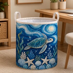 Quilted Laundry Hamper, Sea Turtle Starry Night Ocean Storage Bin