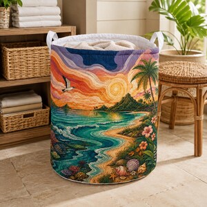 Quilted Tropical Beach Storage Bin, Sunset Palm Tree Laundry Hamper