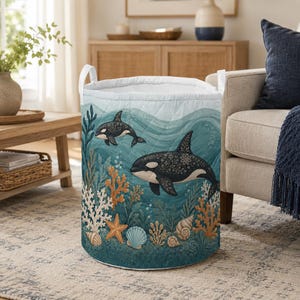 Orca Laundry Basket, Ocean Whale Storage Bin, Coastal Marine Hamper, Nautical Sea Life Organizer