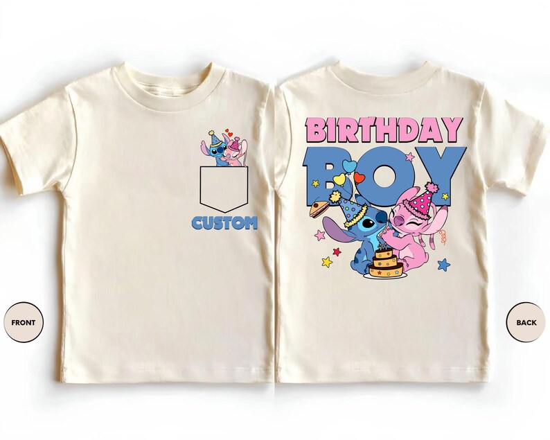 May include: Cream-colored t-shirt featuring a cartoon graphic of two characters wearing party hats, with the text "BIRTHDAY BOY" on the back. The front has a pocket design with the word "CUSTOM".