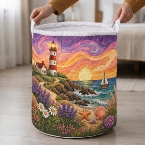 Coastal Sunset Laundry Hamper, Lighthouse Beach Scene Basket, Ocean Nautical Storage Bin