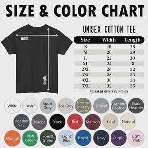 May include: A size and colour chart for a unisex cotton tee. The graphic displays a black t-shirt with width and length arrows, a table listing sizes S through 5XL with measurements in inches, and twenty-four circular colour swatches with labels.