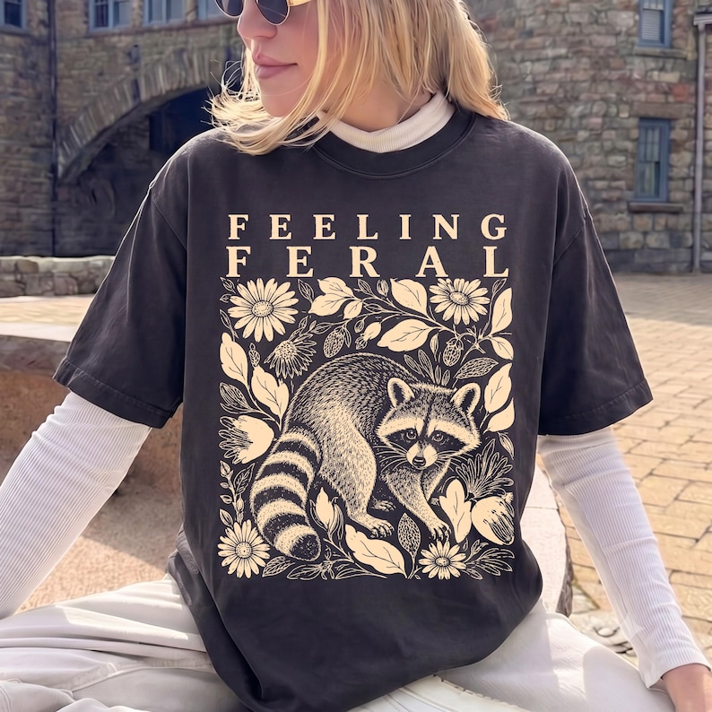Feeling Feral Raccoon Floral T-shirt, Cottagecore Wildlife Tee, Unisex ...
