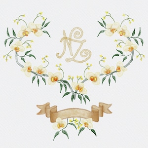 Orchid Wedding Crest Design: personalized digital watercolor monogram, Printable Wedding Logo