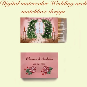 Personalized Wedding Arch or Venue Matchbox Design, Digital Watercolor Illustration, Custom Wedding Favor Art