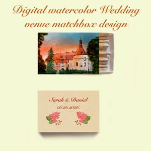 Personalized Wedding Venue Matchbox Design, Digital Watercolor Illustration, Custom Wedding Favor Art