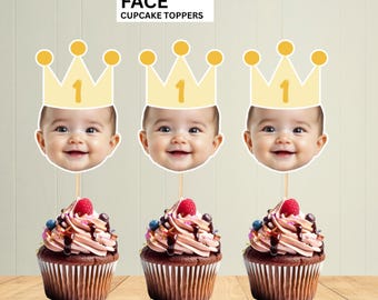 顔写真入りカップケーキトッパー：1歳の誕生日パーティー用帽子（デジタルファイル）