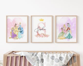 Personalized Princess Wall Art Prints, Girls Room Decor, Set of 3 Digital Download