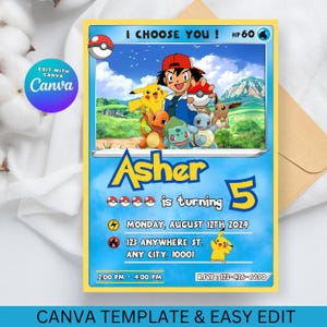 Pikachu Card Birthday Invitation with Picture Photo Printable Editable Template Digital or Printed Invites Birthday Invitation Boy