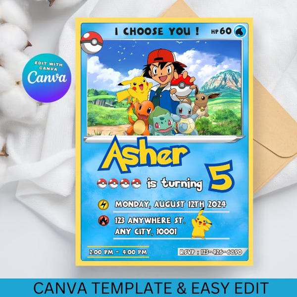 Pikachu Card Birthday Invitation with Picture Photo Printable Editable Template Digital or Printed Invites Birthday Invitation Boy