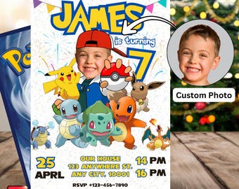Personalized Pikachu Card Birthday Invitation with Picture Photo Printable Editable Template Digital or Printed Birthday Invitation Boy