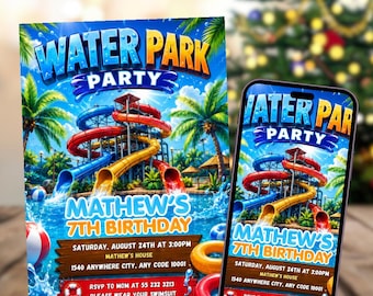 Water Park Birthday Invitation,Water Park Party Invitation,Summer Pool Party,Waterslide Birthday Party,Instant Download,Editable,Canva