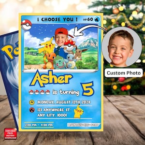 Invito di compleanno personalizzato con foto Pikachu, modello modificabile, stampabile, digitale o stampato, invito di compleanno per ragazzo