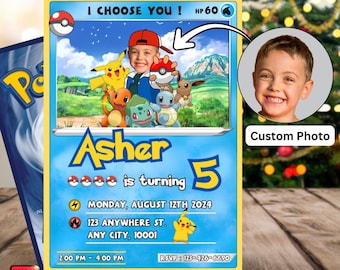 Personalized Pikachu Card Birthday Invitation with Picture Photo Printable Editable Template Digital or Printed Birthday Invitation Boy