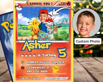 Personalized Pikachu Card Birthday Invitation with Picture Photo Printable Editable Template Digital or Printed Birthday Invitation Boy