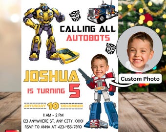 May include: A birthday party invitation featuring the text "Calling All Autobots" with illustrations of Transformers characters and a custom photo. The invitation includes the name "Joshua", the age "5", and event details.