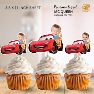 Personalized Lightning McQueen Face Cupcake Toppers or Stickers  (Digital File)