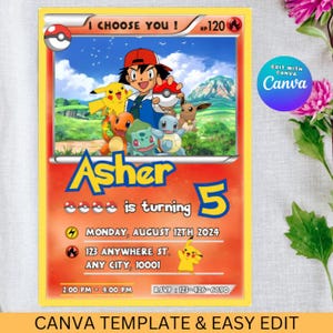 Pikachu Card Birthday Invitation with Picture Photo Printable Editable Template Digital or Printed Invites Birthday Invitation Boy