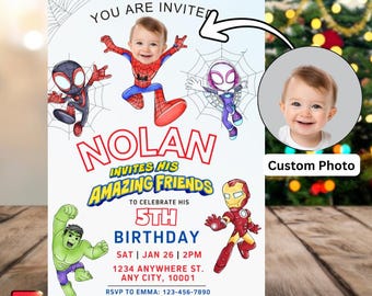 Personalized Face Spidey and friends Invitation card, Custom Spidey Party Invite, Miles Morales Ghost Spider (Digital Download)