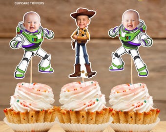 Adornos para cupcakes con caras personalizadas de Woody y Buzz, inspirados en la cara de un superhéroe, archivo digital.