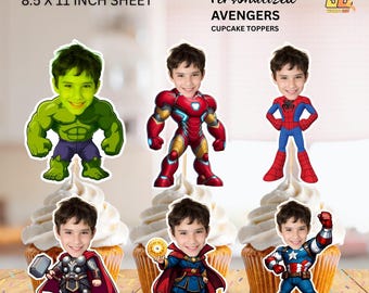 Adornos para cupcakes personalizados con caras de superhéroe (archivo digital)