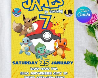 Pikachu Card Birthday Invitation with Picture Photo Printable Editable Template Digital or Printed Invites Birthday Invitation Boy