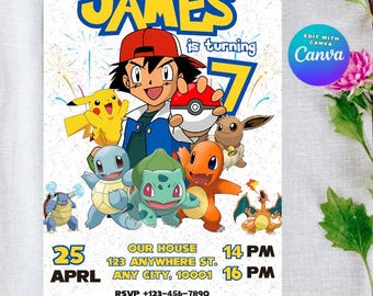 Pikachu Card Birthday Invitation with Picture Photo Printable Editable Template Digital or Printed Invites Birthday Invitation Boy