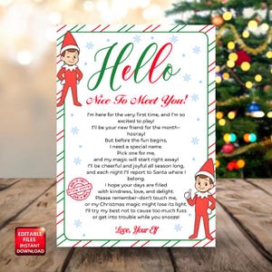 May include: A festive Christmas card featuring an elf illustration and the greeting "Hello Nice To Meet You!". The card has a red and green border and includes the text "Editable Files Instant Download."