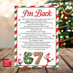 Könnte beinhalten: Eine festliche Weihnachtskarte mit einem rot-grünen Rand, die den Text "I'm Back" und ein Gedicht zeigt. Die Karte enthält Illustrationen von Santa, einem Elf und den Zahlen 6 und 7, die mit Weihnachtselementen verziert sind. "Bearbeitbare Dateien Sofort-Download" wird ebenfalls angezeigt.