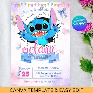 Stitch Editable Birthday Invitation Template, Printable Birthday Party Invitations, Digital Kids Party Invite, Digital Bday Invite Card