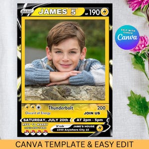 Pikachu Card Birthday Invitation with Picture Photo Printable Editable Template Digital or Printed Invites Birthday Invitation Boy