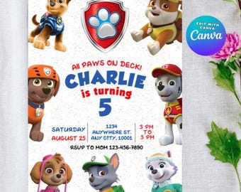 Paw-ty Birthday Invitation Template Puppy Patrol Pup Crew invite layout Canva instant Download, Kids Printable Party Invitation