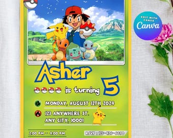 Pikachu Birthday Invitation with Photo, Printable Template (Digital)