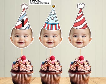 Custom Face Cupcake Toppers: First Birthday Party Hats (Digital PDF File)