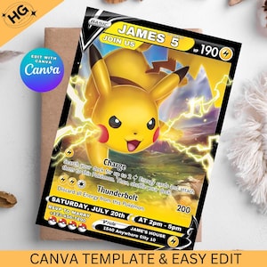 Pikachu Card Birthday Invitation with Picture Photo Printable Editable Template Digital or Printed Invites Birthday Invitation Boy